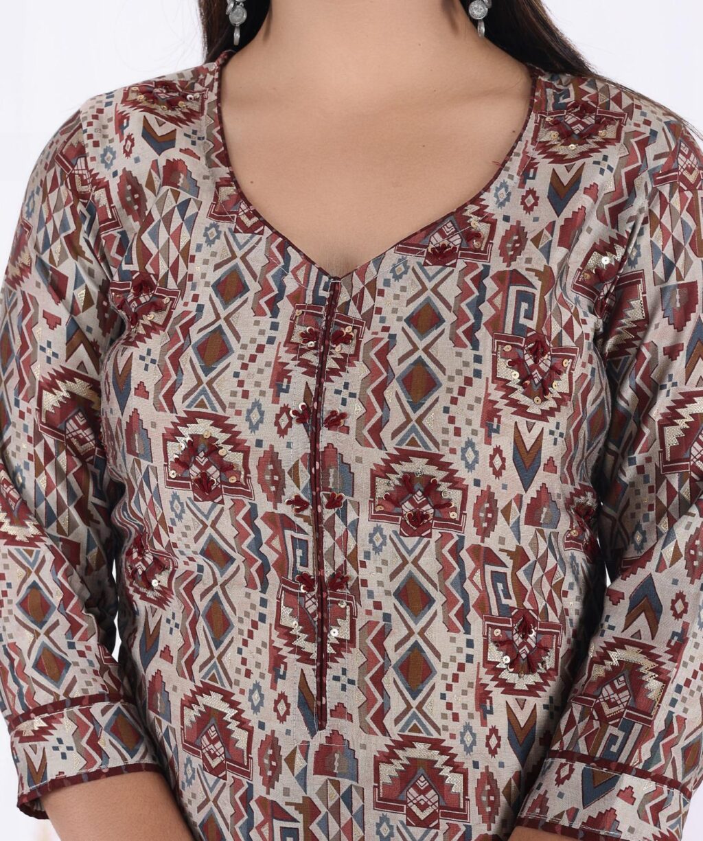 Maroon Beige Modal Muslin Kurti Set – Handworked Yoke, Cuffed Sleeves, Printed Pants & Dupatta