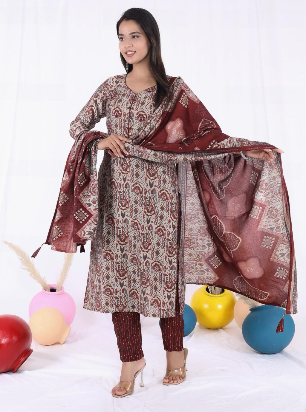 Maroon Beige Modal Muslin Kurti Set – Handworked Yoke, Cuffed Sleeves, Printed Pants & Dupatta