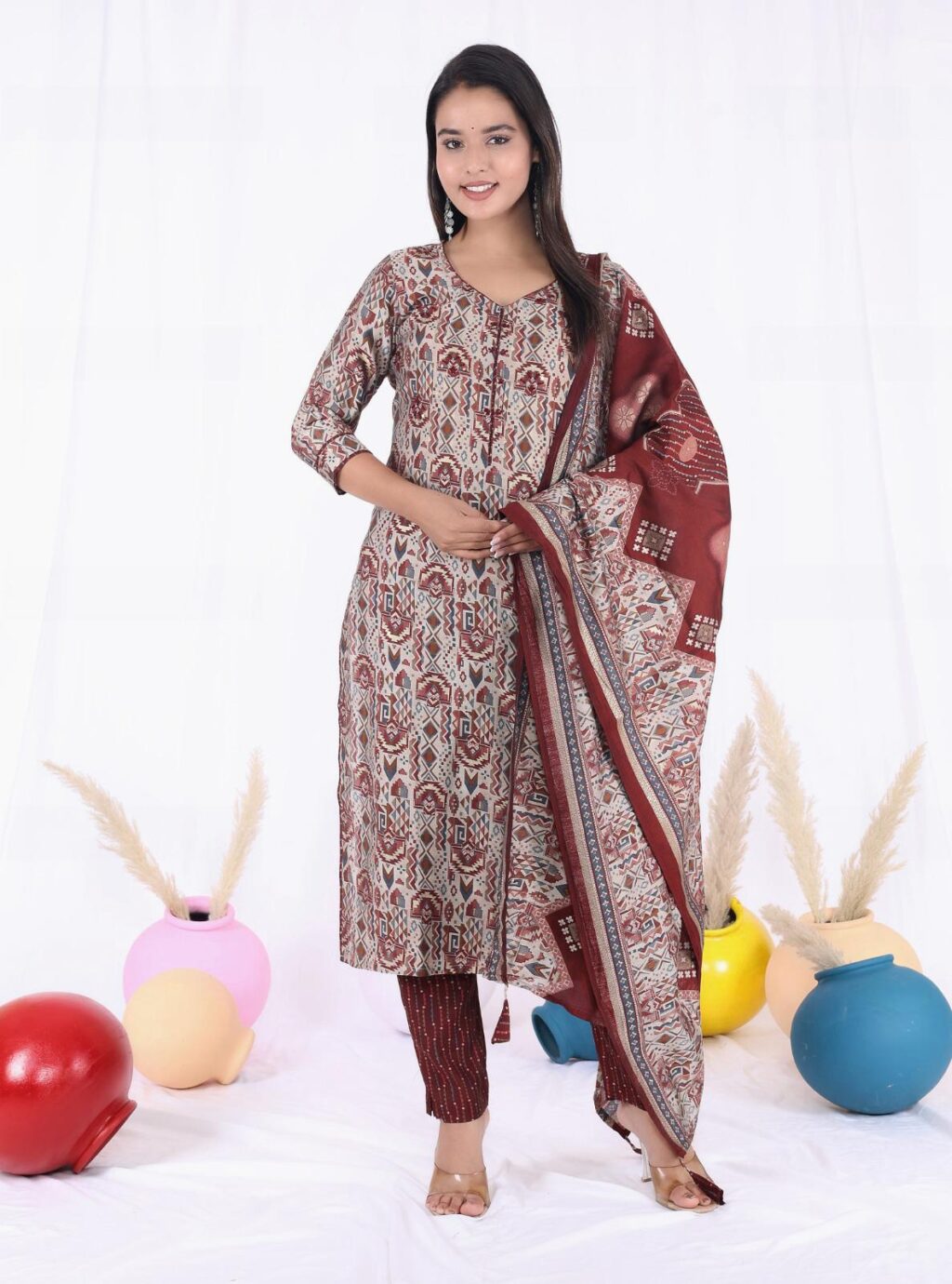 Maroon Beige Modal Muslin Kurti Set – Handworked Yoke, Cuffed Sleeves, Printed Pants & Dupatta