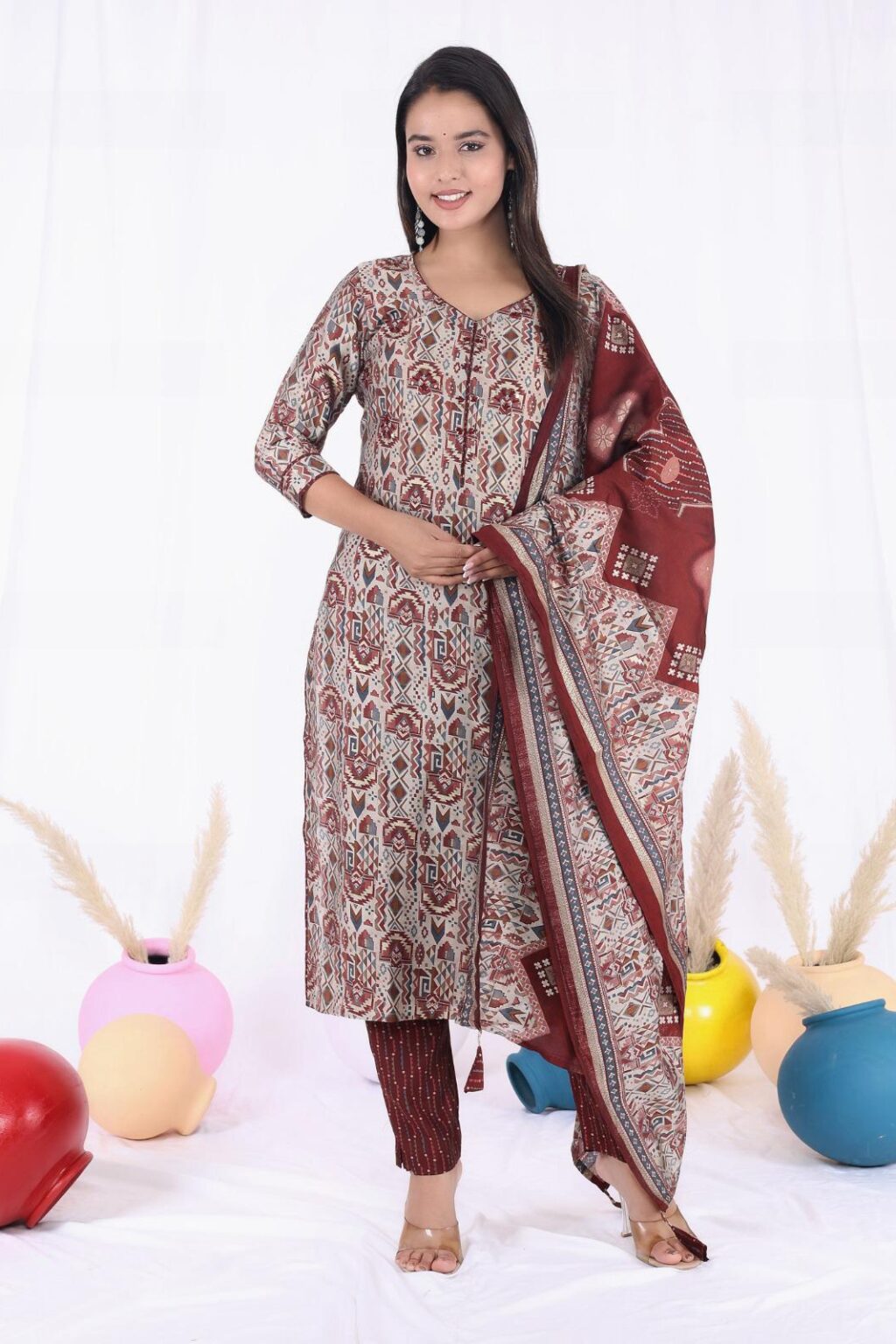 Maroon Beige Modal Muslin Kurti Set – Handworked Yoke, Cuffed Sleeves, Printed Pants & Dupatta