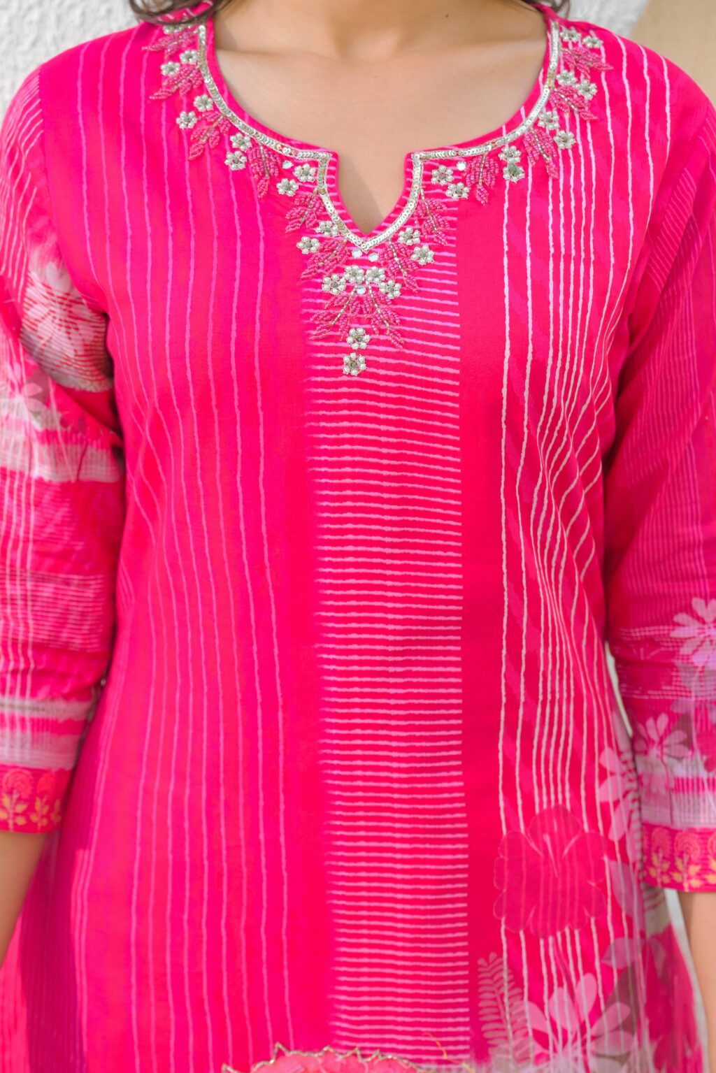 Pink Muslin Chanderi Kurti Set – Floral Print, Adda Work Neckline, Soft Dupatta with Tassels