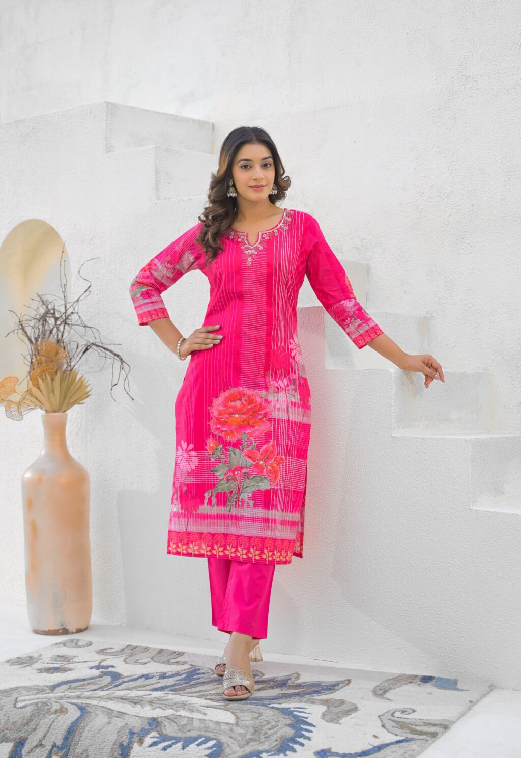 Pink Muslin Chanderi Kurti Set – Floral Print, Adda Work Neckline, Soft Dupatta with Tassels