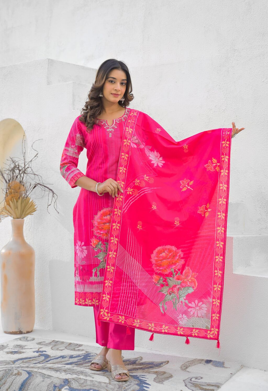 pink muslin chanderi suit adda work front view showing dupatta