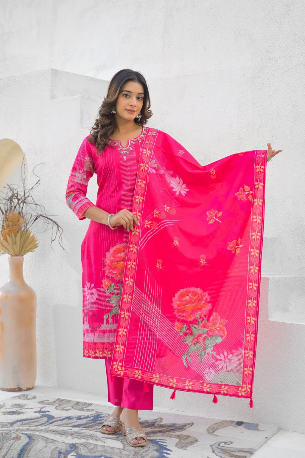 pink muslin chanderi suit adda work front view showing dupatta