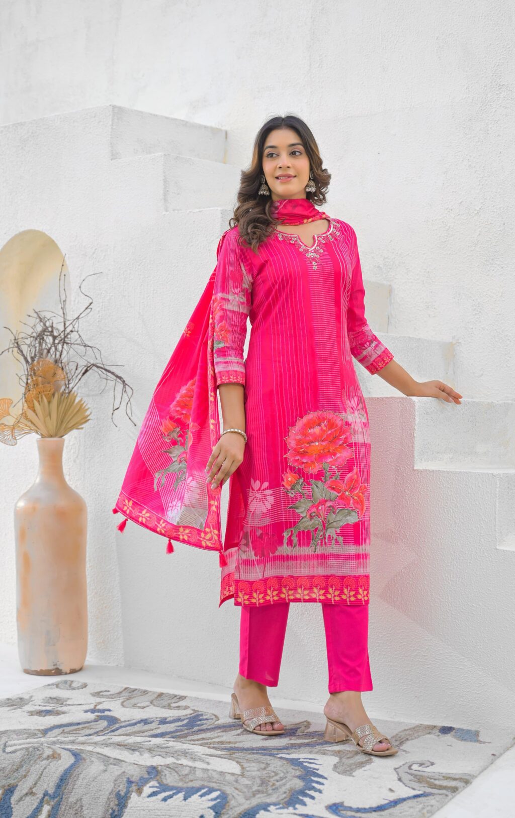 Pink Muslin Chanderi Kurti Set – Floral Print, Adda Work Neckline, Soft Dupatta with Tassels