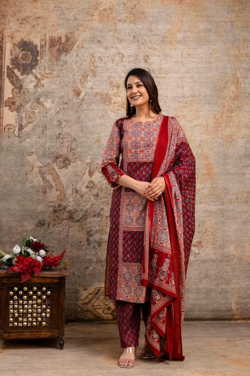 Red Cotton Ajrakh Kurti Set – Handworked Yoke, Panel Look, Printed Pants & Mul Dupatta