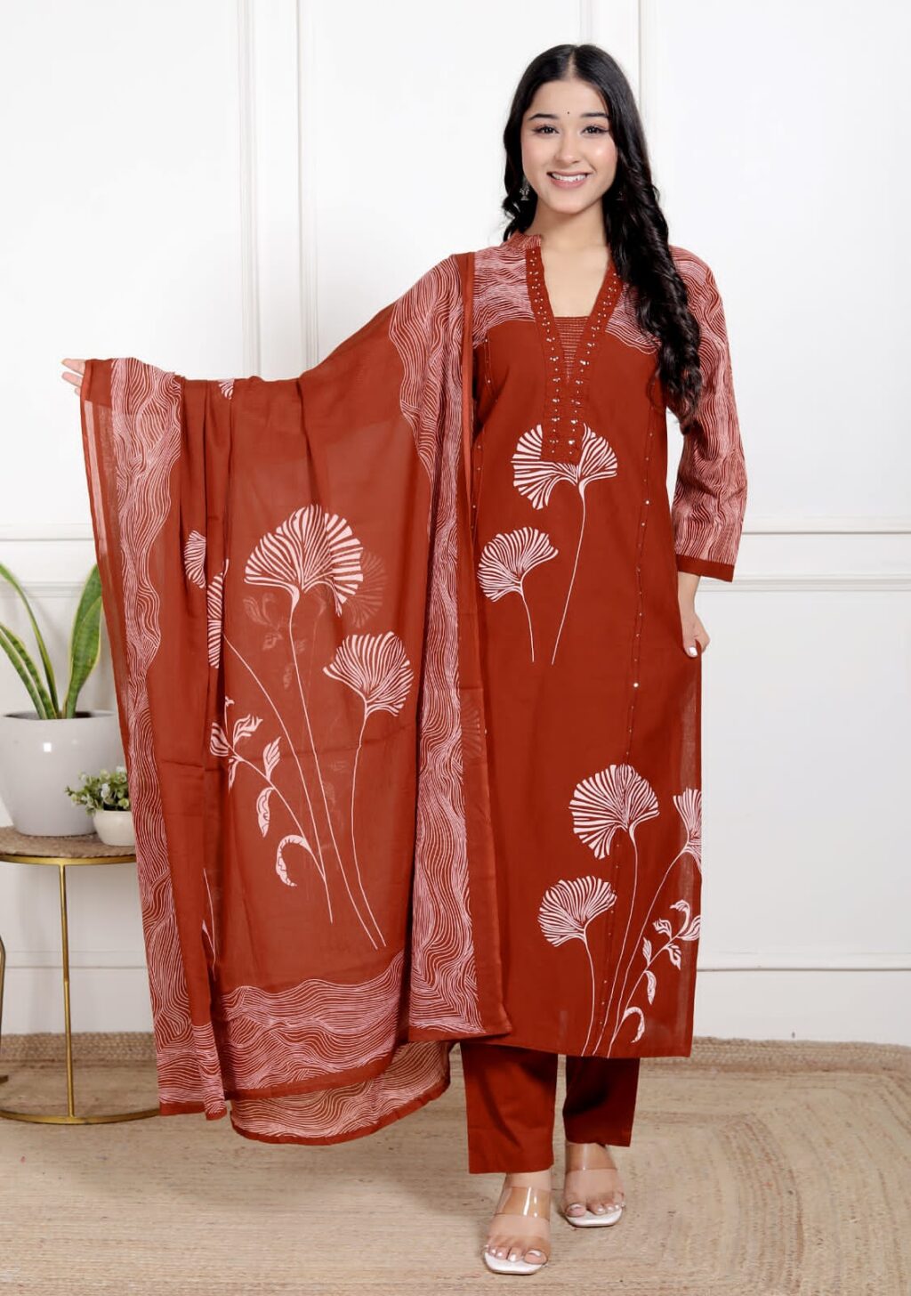 Brick Brown premium cotton Kurta set with Mumul dupatta front view