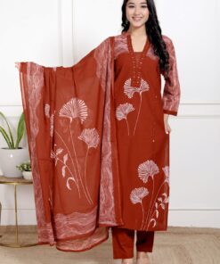 Brick Brown premium cotton Kurta set with Mumul dupatta front view