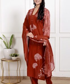 Alternative view of Brick Brown Premium Cotton Kurta Set with Mulmul Dupatta