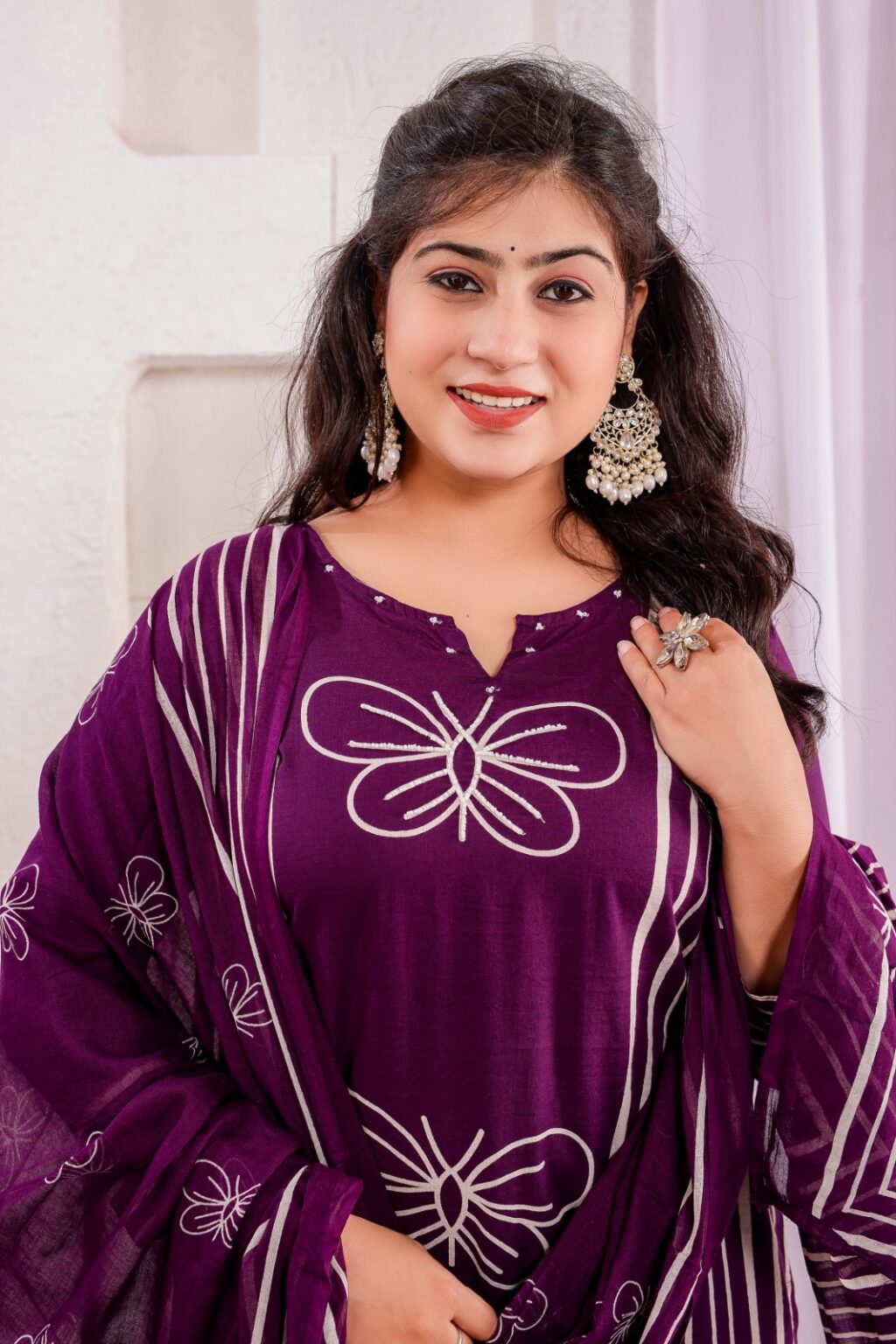 Dark Purple Premium Cotton Kurta Set with Mulmul Dupatta