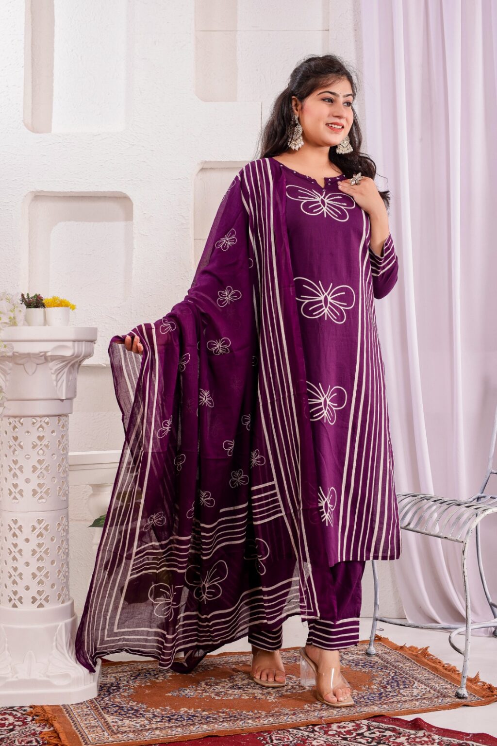 Dark Purple Premium Cotton Kurta Set with Mulmul Dupatta