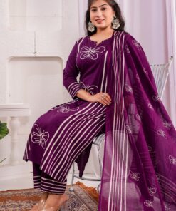 Alternative view of Dark Purple Premium Cotton Kurta Set with Mulmul Dupatta