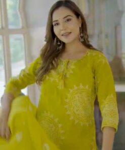 Parrot Green Bandhej Pattern Premium Cotton Kurta Set with Mulmul Dupatta