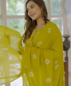 Alternative view of Parrot Green Bandhej Pattern Premium Cotton Kurta Set with Mulmul Dupatta