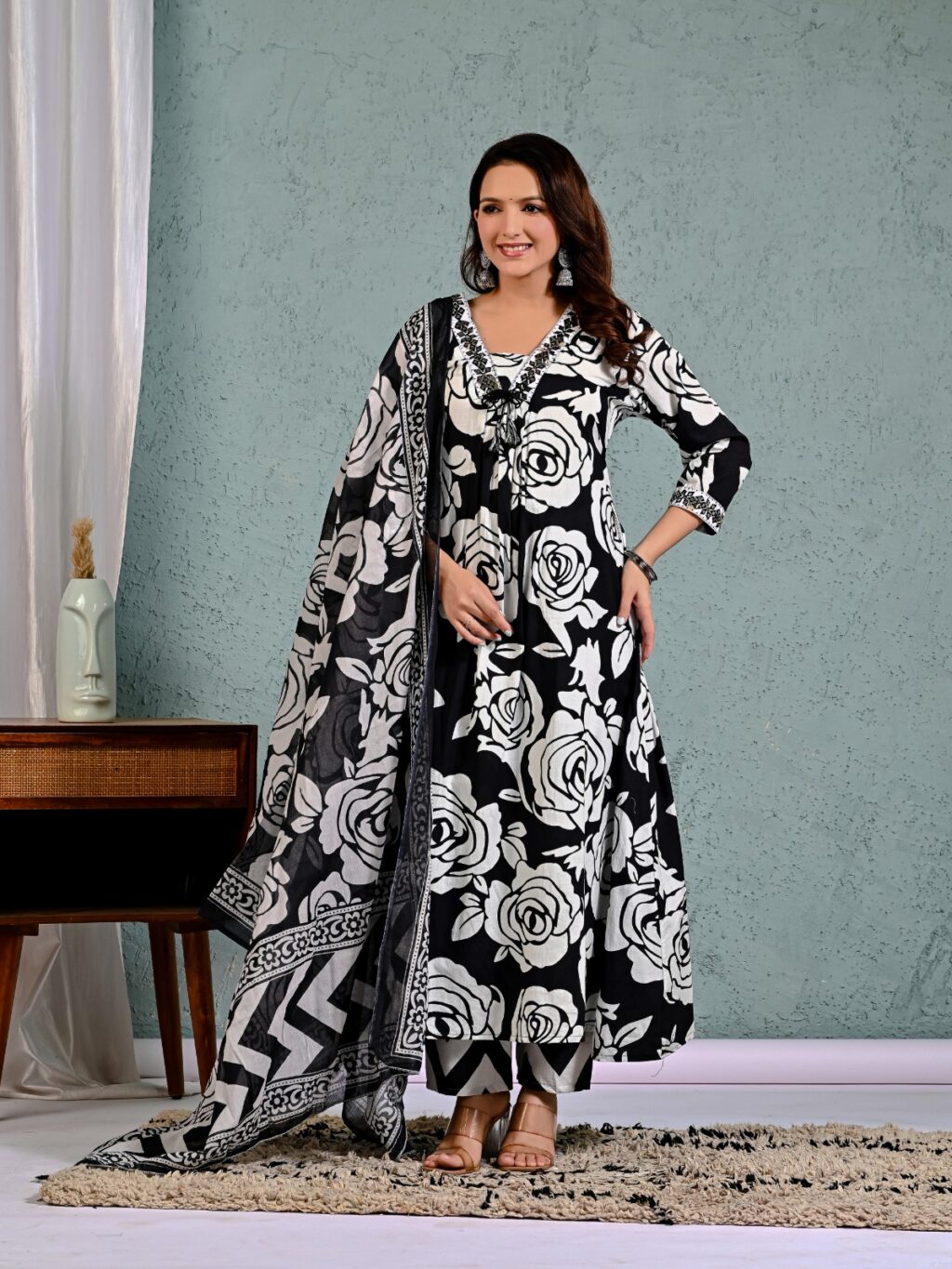 Black and White Premium Cotton Kurta Set with Mulmul Dupatta