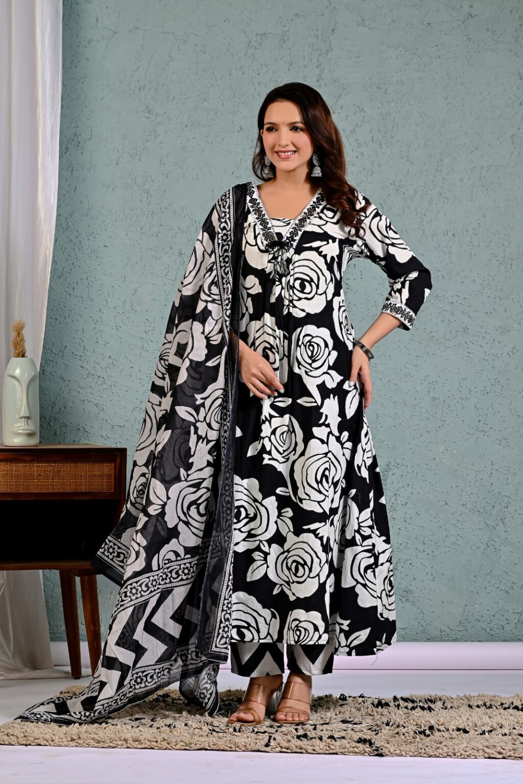 Black and White Premium Cotton Kurta Set with Mulmul Dupatta