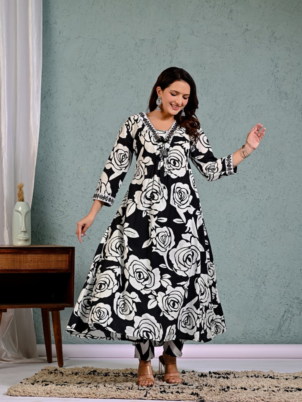 Black and White Premium Cotton Kurta Set with Mulmul Dupatta