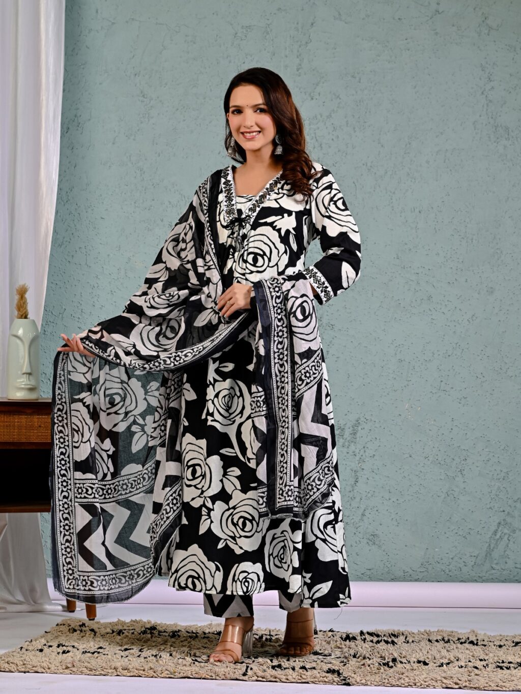 Black and White Premium Cotton Kurta Set with Mulmul Dupatta