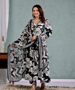 Alternative view of Black and White Premium Cotton Kurta Set with Mulmul Dupatta
