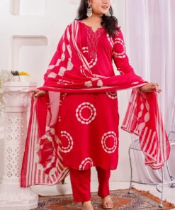 Alternative view of Red Premium Cotton Kurta Set with Mulmul Dupatta