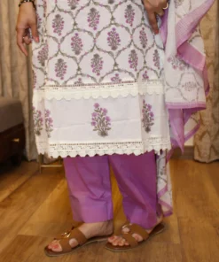 Alternative view of Pink and White Handblock Suit Set with Lace Detailing