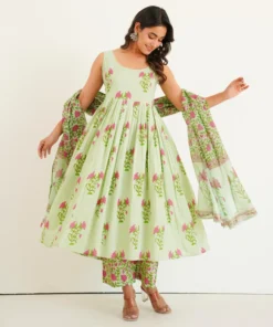 light-green-anarkali-suit-with-handblock-floral-print front pose