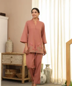 pink-cotton-co-ord-set-for-women-embroidered-tunic-pants-front-pose
