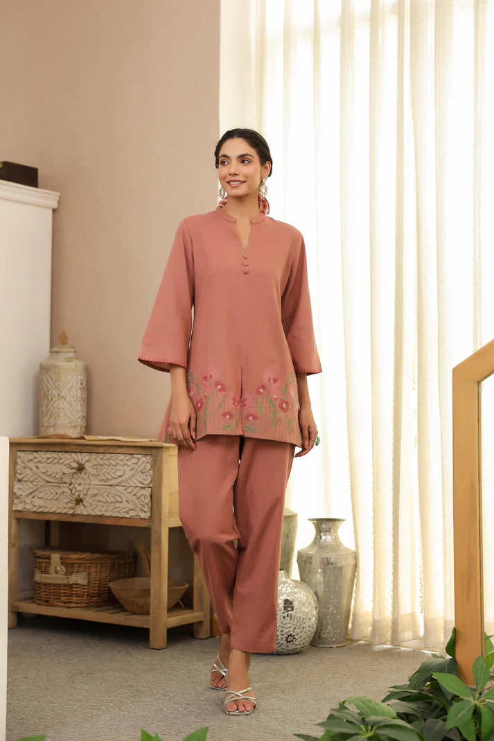pink-cotton-co-ord-set-for-women-embroidered-tunic-pants-front-pose