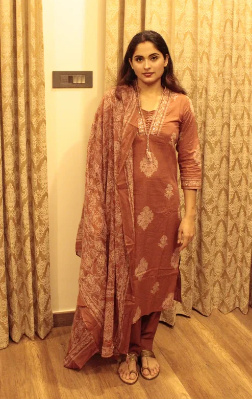rust-brown-mughal-motif-cotton-suit-set-with-dupatta-front-pose