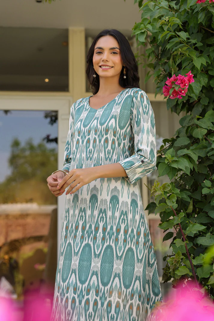 teal-ikat-print-kurta-for-women-cotton-straight-fit-set-for-women-online-front-pose