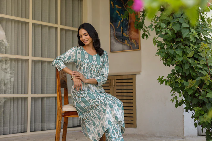 teal-ikat-print-kurta-for-women-cotton-straight-fit-set-for-women-online-sitting