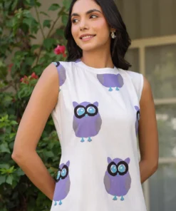 white-purple-owl-printed-kurta-with-pants-set-front-pose-close-up