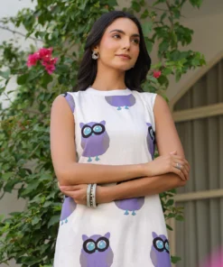 white-purple-owl-printed-kurta-with-pants-set-front-pose-hand-close