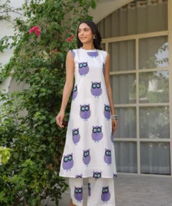 white-purple-owl-printed-kurta-with-pants-set-front-pose-looking-left