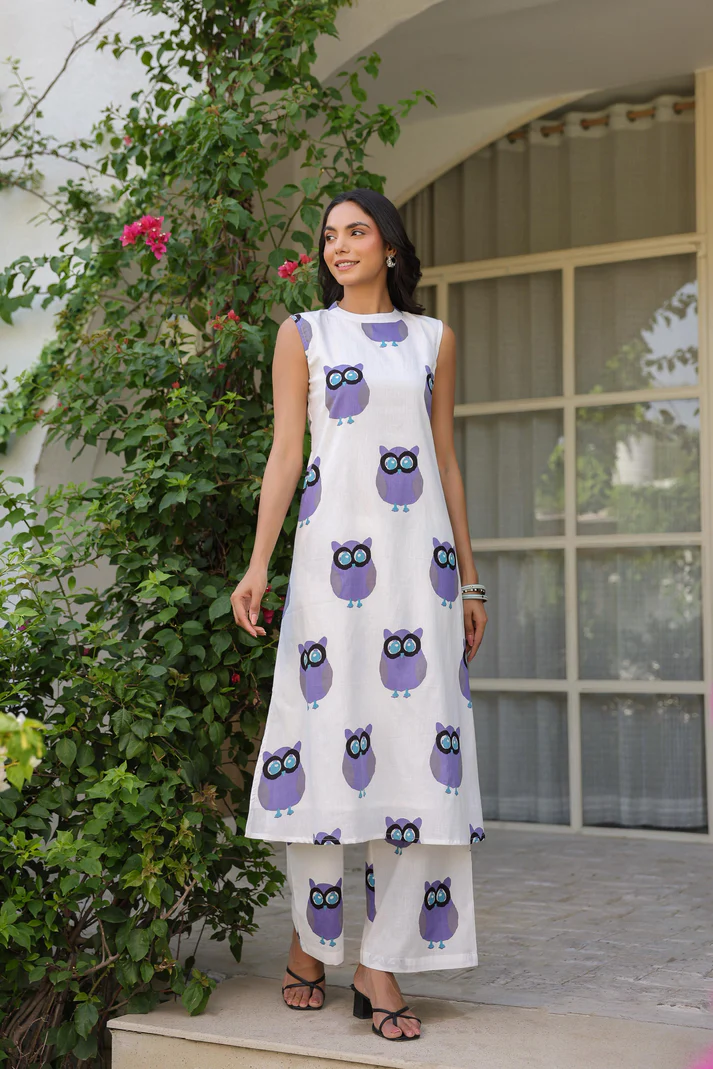 white-purple-owl-printed-kurta-with-pants-set-front-pose-looking-left