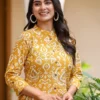 yellow-printed-co-ord-set-for-women-mustard-kurta-pants-front-closeup
