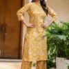 yellow-printed-co-ord-set-for-women-mustard-kurta-pants-smiling