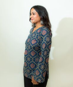 Ruchi – Indigo Floral V-Neck Corset Back Short Kurti - Image 3