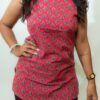 Misha - Pink Floral Printed Sleeveless Cotton Short Kurti with Shoulder Knots - Image 4