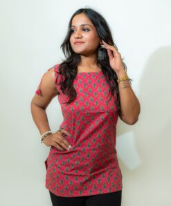 Misha - Pink Floral Printed Sleeveless Cotton Short Kurti with Shoulder Knots
