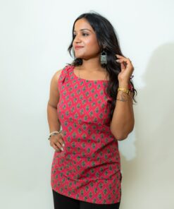 Misha - Pink Floral Printed Sleeveless Cotton Short Kurti with Shoulder Knots - Image 3