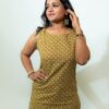 Naira - Mustard Floral Printed Sleeveless Cotton Short Kurti with Shoulder Knots