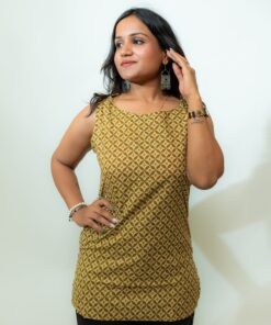 Naira - Mustard Floral Printed Sleeveless Cotton Short Kurti with Shoulder Knots
