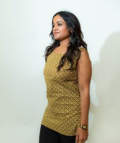 Naira - Mustard Floral Printed Sleeveless Cotton Short Kurti with Shoulder Knots - Image 3