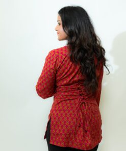 Alternative view of Maya – Red Floral V-Neck Corset Back Short Kurti