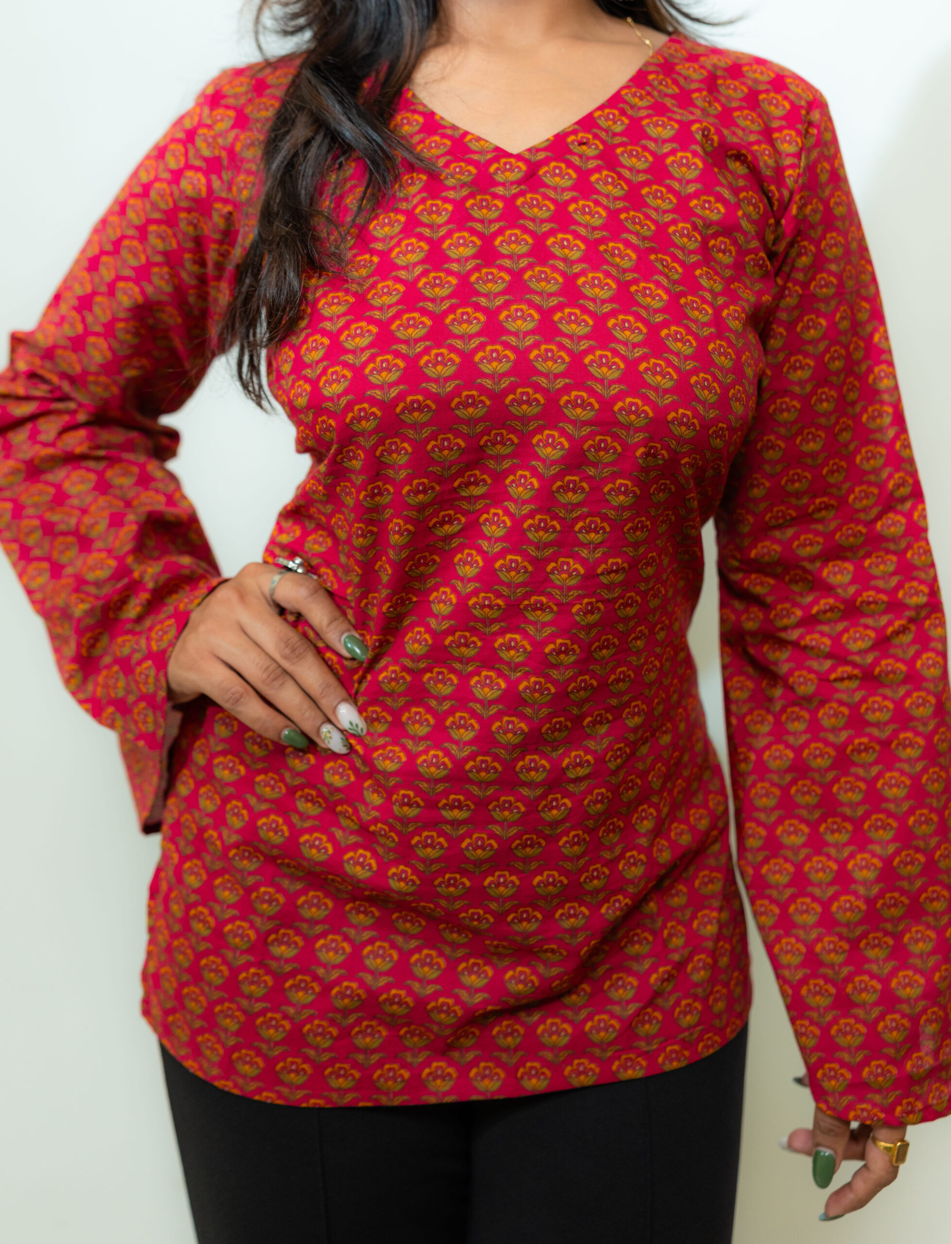 Maya – Red Floral V-Neck Corset Back Short Kurti - Image 5
