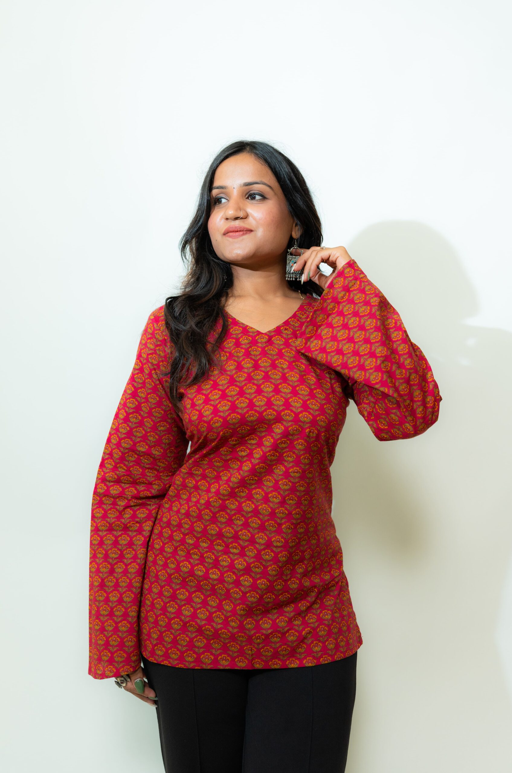 Maya – Red Floral V-Neck Corset Back Short Kurti