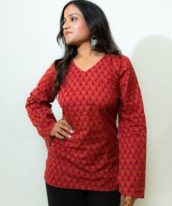 Maya – Red Floral V-Neck Corset Back Short Kurti - Image 3