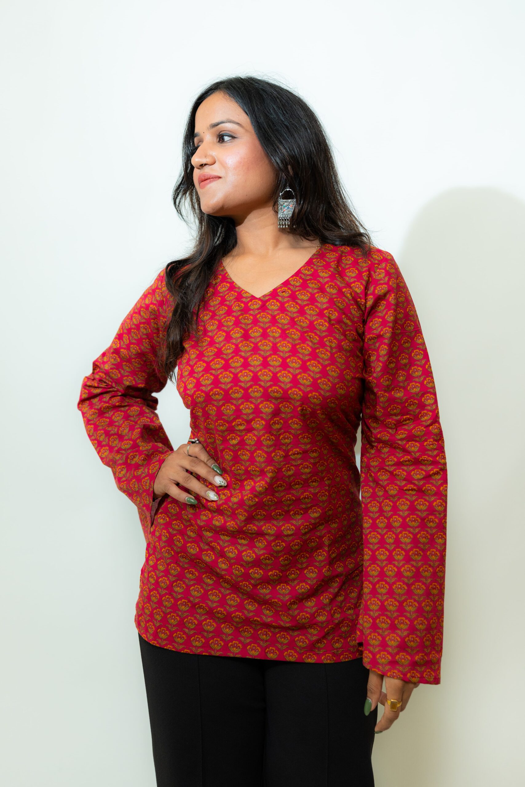 Maya – Red Floral V-Neck Corset Back Short Kurti - Image 3