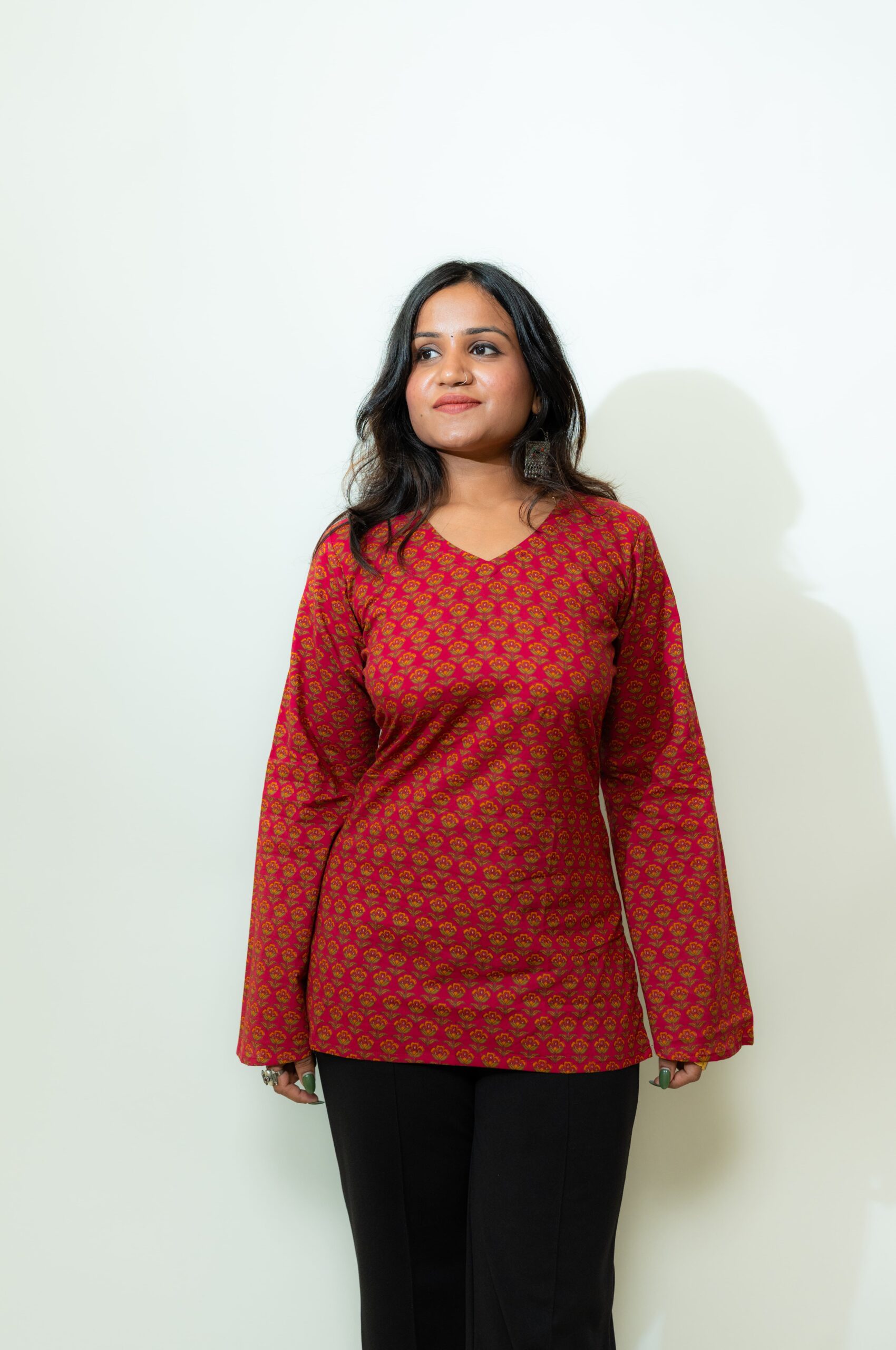 Maya – Red Floral V-Neck Corset Back Short Kurti - Image 7